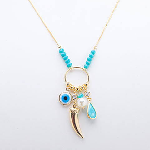 Colar Patua Dente Olho Grego Turquesa Folheado