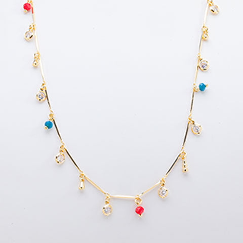 Colar Longo com Cristal Colorido Folheado