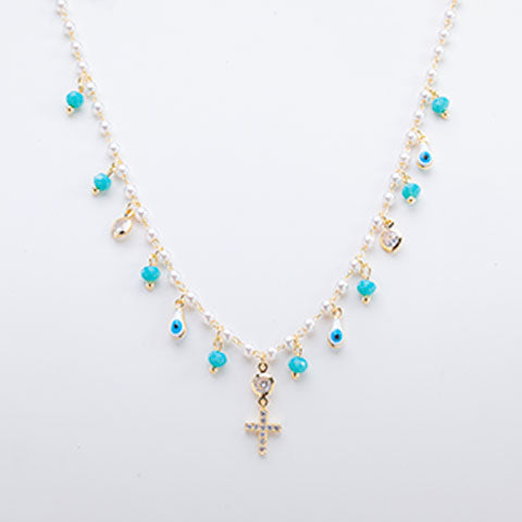 Colar Turquesa com Perola e Olho Grego Folheado