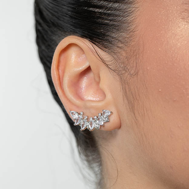 Brinco ear cuff Gotas de Zirconia Cristal e colorido Prateado