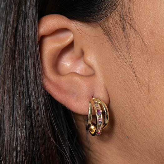 Brinco 3 Argolas Zirconia Cravejada Dourado