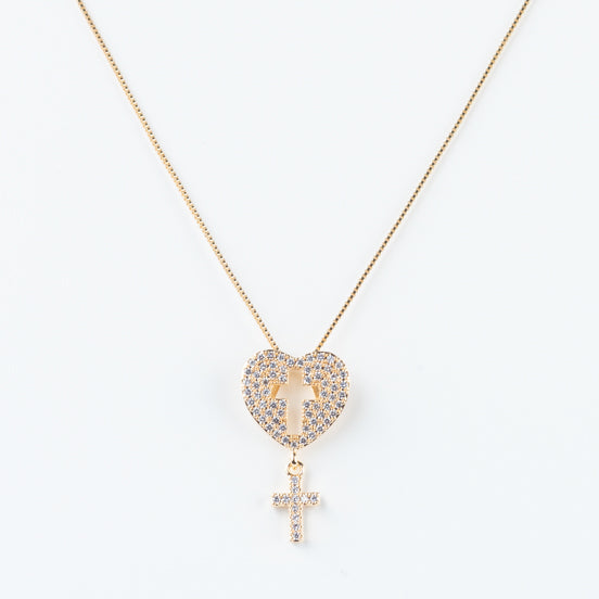 Colar Coracao Cravejado com Cruz Folheado
