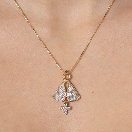 Colar Nossa Senhora com cruz em zirconia