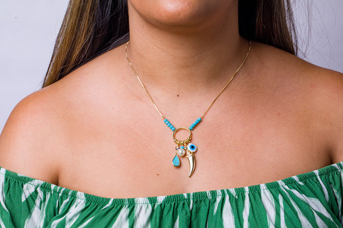 Colar Patua Dente Olho Grego Turquesa Folheado