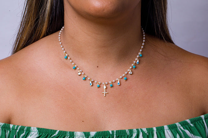 Colar Turquesa com Perola e Olho Grego Folheado