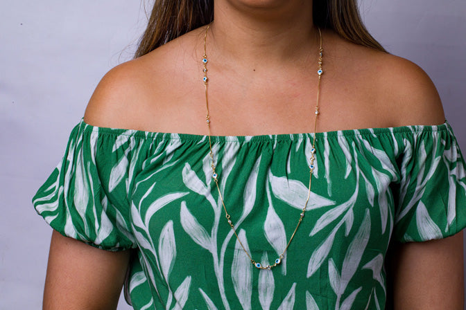 Colar Longo Olho Grego Zirconia Folheado