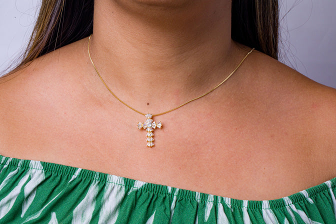 Colar Cruz Zirconia Navete Folheado
