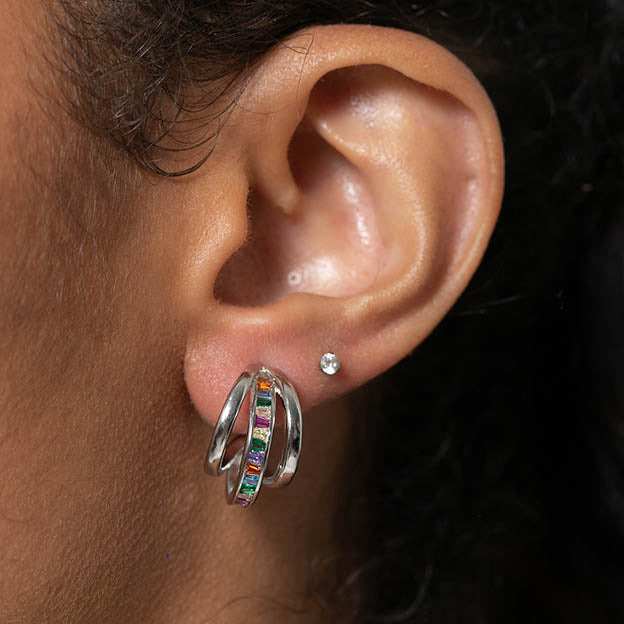 Brinco 3 Argolas Zirconia Cravejada Prateado