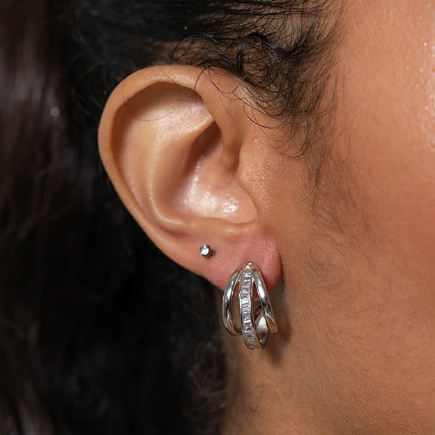 Brinco 3 Argolas Zirconia Cravejada Prateado